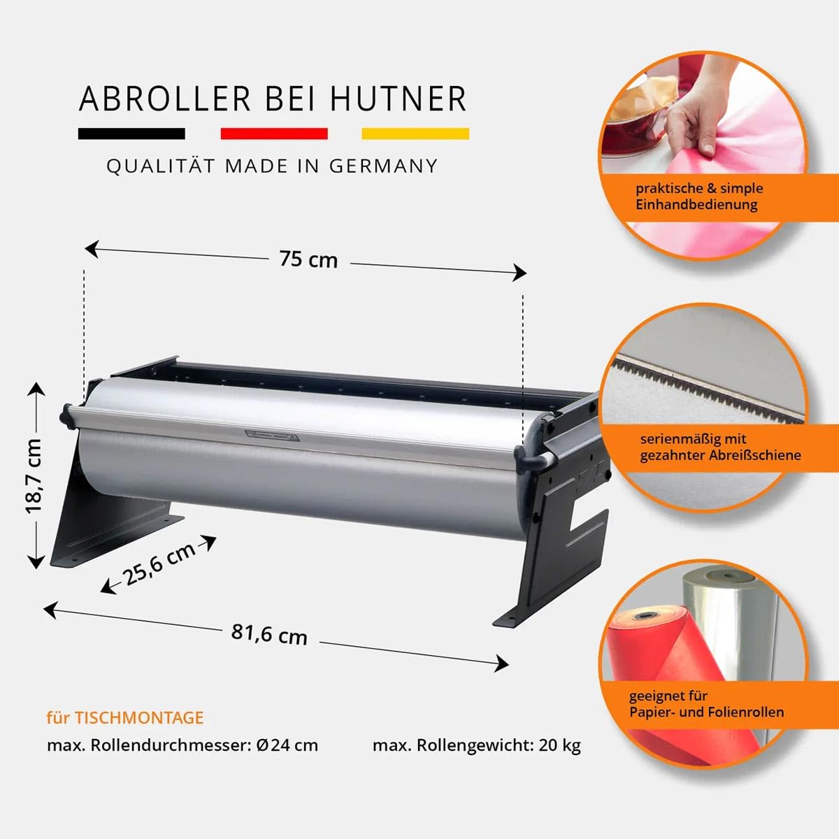 Papierabroller ZAC Halterung für große Rollen Papier & Folie - Montage auf dem Tisch (Tischabroller) - von HUTNER (75)
