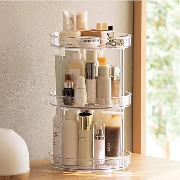 ROWNYEON 360 Rotating Makeup Organizer - 3 Tier Clear Spinning Skincare Storage with Stainless Steel Bearings, Large 10.6" Round Lazy Susan for Vanity Countertop, Perfume, Bathroom & Kitchen Clear