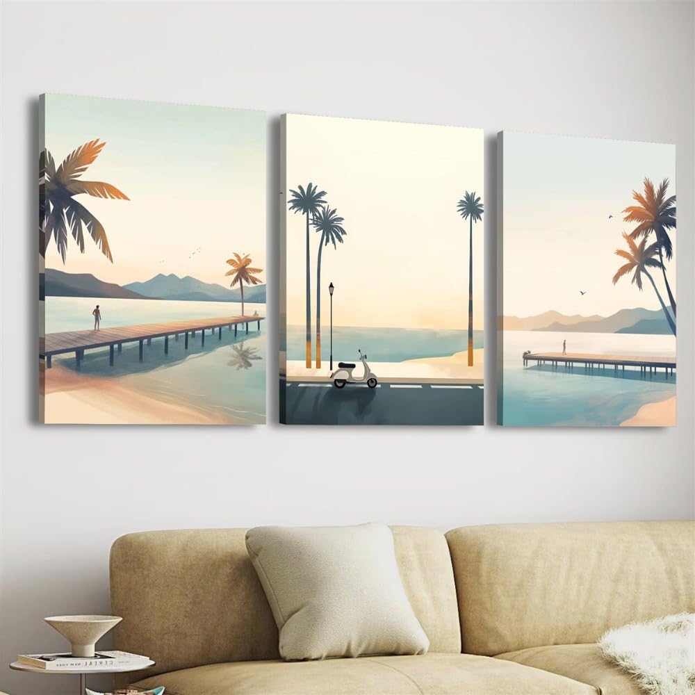 Póster con paisaje costero al atardecer en un muelle de playa con palmeras, ilustración de un coche eléctrico en la carretera costera, cuadro decorativo para la pared del hogar (60x90cmx3/SIN marco)
