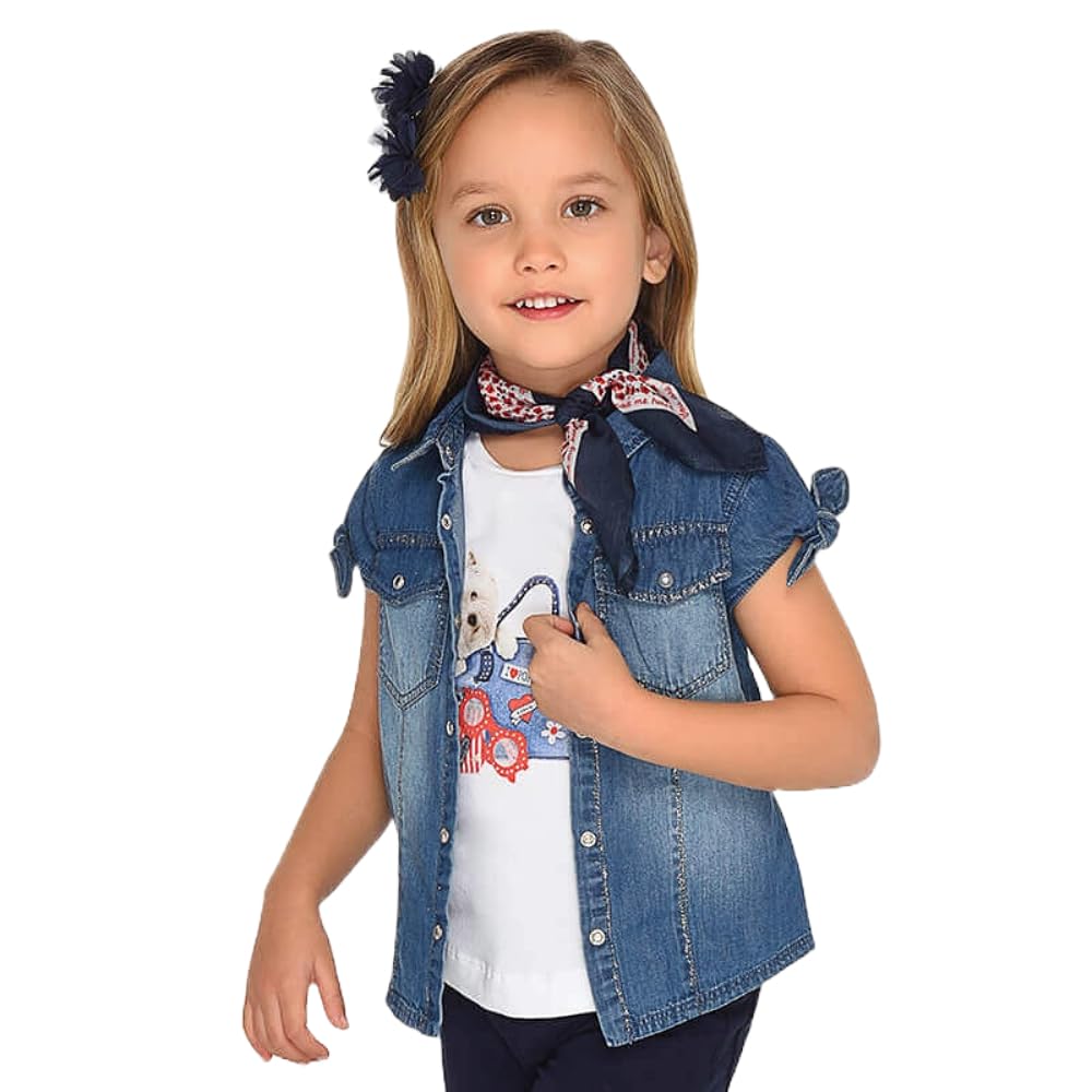 Generico Camisa vaquera para niña con mangas cortas rizadas y bolsillos delanteros, color azul, estilo casual y cómodo, perfecta para primavera y verano, 3106