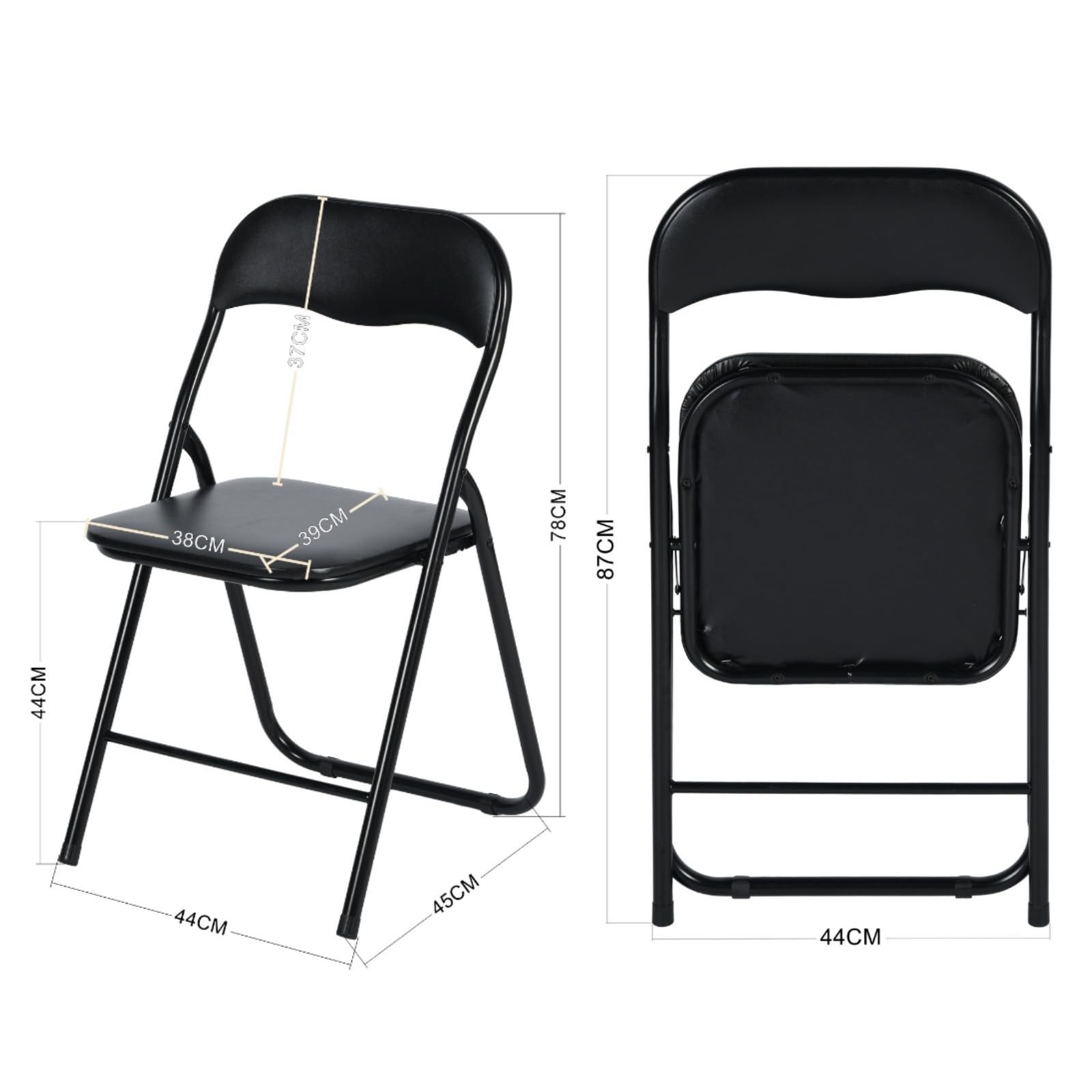 EGGREE Ensemble de 4 Chaises Pliantes Noires - Cadre Métallique, Siège Rembourré en PVC - Capacité de Charge 110 kg - Chaise Ergonomique Pliable pour Camping, Balcon, Fêtes, Bureau, Restaurant