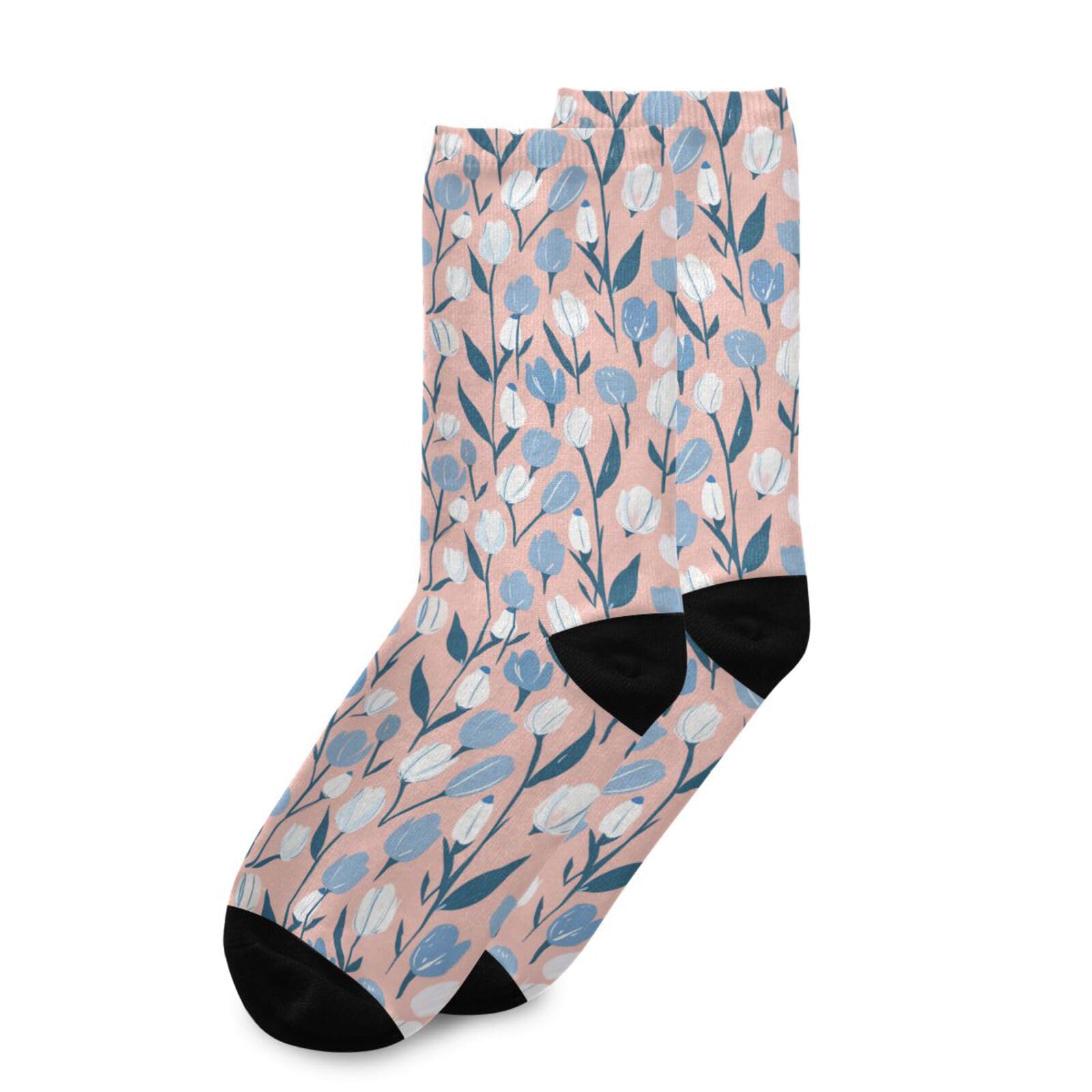 famyily Blue and White Tulips Pastel lightweight crew socks running soft wicking white crew socks (2-Pair)