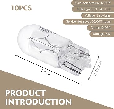 10 PCS T10 Halogen Light Bulb, 12V 5W Car Width Lights, 168 192 Waterproof Daytime Running Lights, Non-glare Instrument Indicator Light, Universal for Most Cars Trucks SUVs