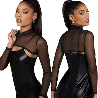 Mesh Crop Tops for Women, Black Mock Neck Long Sleeve Crop Top Cover Up, Sexy See Through Shirt Top Slim Fit Mesh Top for Swim Beach Clubwear Yoga Sports | Sexy See Through Shirt Top Slim Fit Mesh Top for Swim Beach Clubwear Yoga Sports