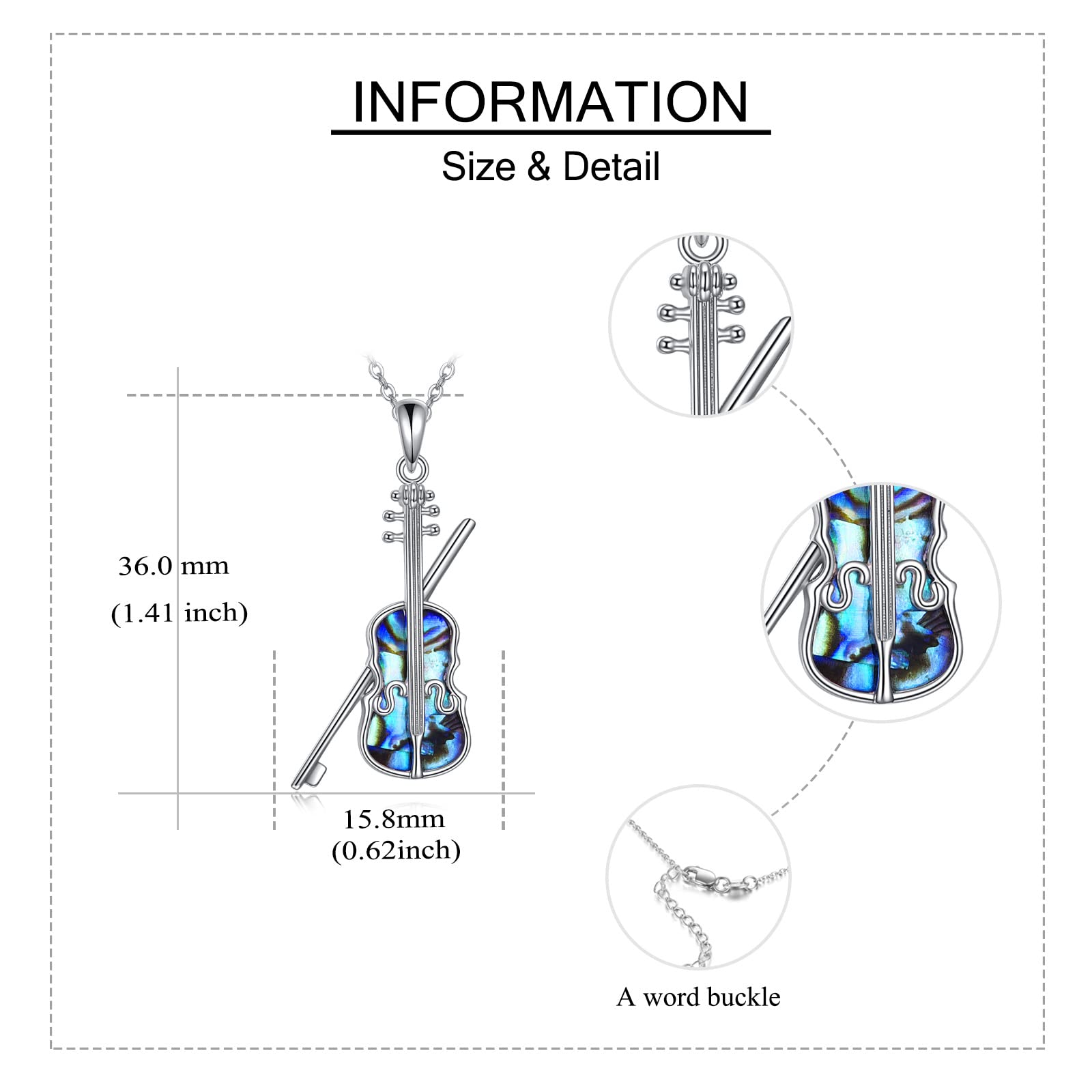 JERWLI Collana da violino in argento Sterling per donne abalone conchiglia gioielli violino regalo per ragazze figlia, Argento sterling