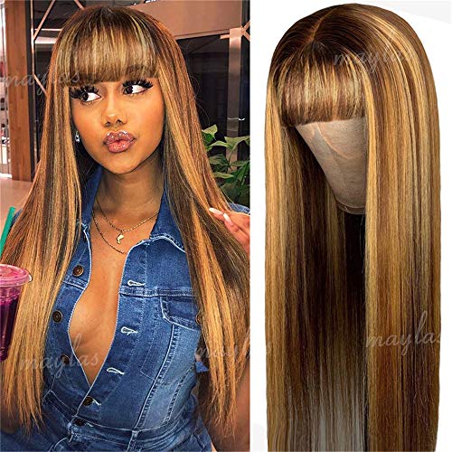 non Lace Front Human Hair Wigs for Black Women Straight Human Hair Wigs with Bangs Highlight Honey Blonde Brown Color 10A Brazilian Virgin Hair Full Machine Made Wigs (OCTSUN Hair 16in )