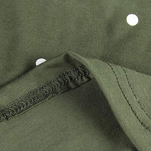 PRIMODA Women Pleated Polka Dot T-Shirt Dress Empire Waist Casual Midi Dress with Pocket Short Sleeves Long Sleeves Knee Length Dresses(Army Green-Long-XXL)