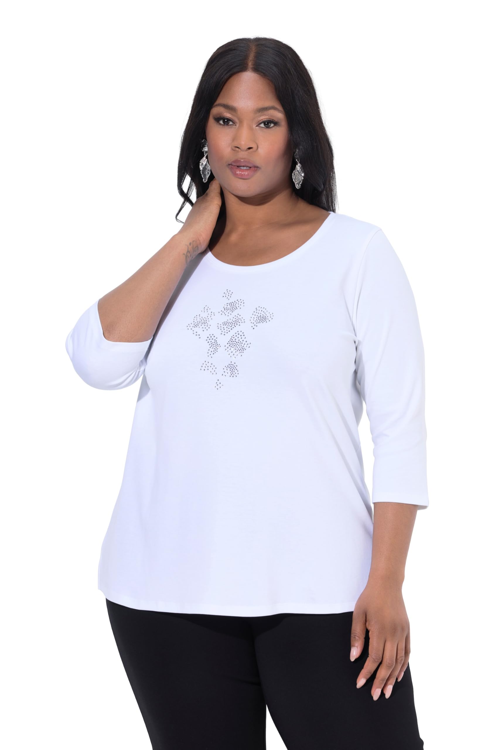 Ulla Popken Damen große Größen Übergrößen Plus Size Shirt, Ziersteine, A-Linie, Rundhals, 3/4-Arm, Pima Cotton 844690