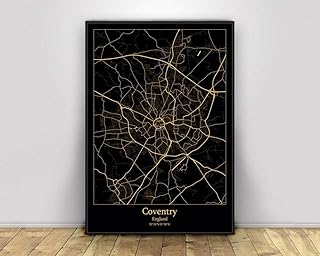 SONG Prints Canvas, Coventry England Black&Gold City Light Maps Custom World City Map Poster Canvas Prints Nordic Style Wall Art Home Decor,20 * 30cm