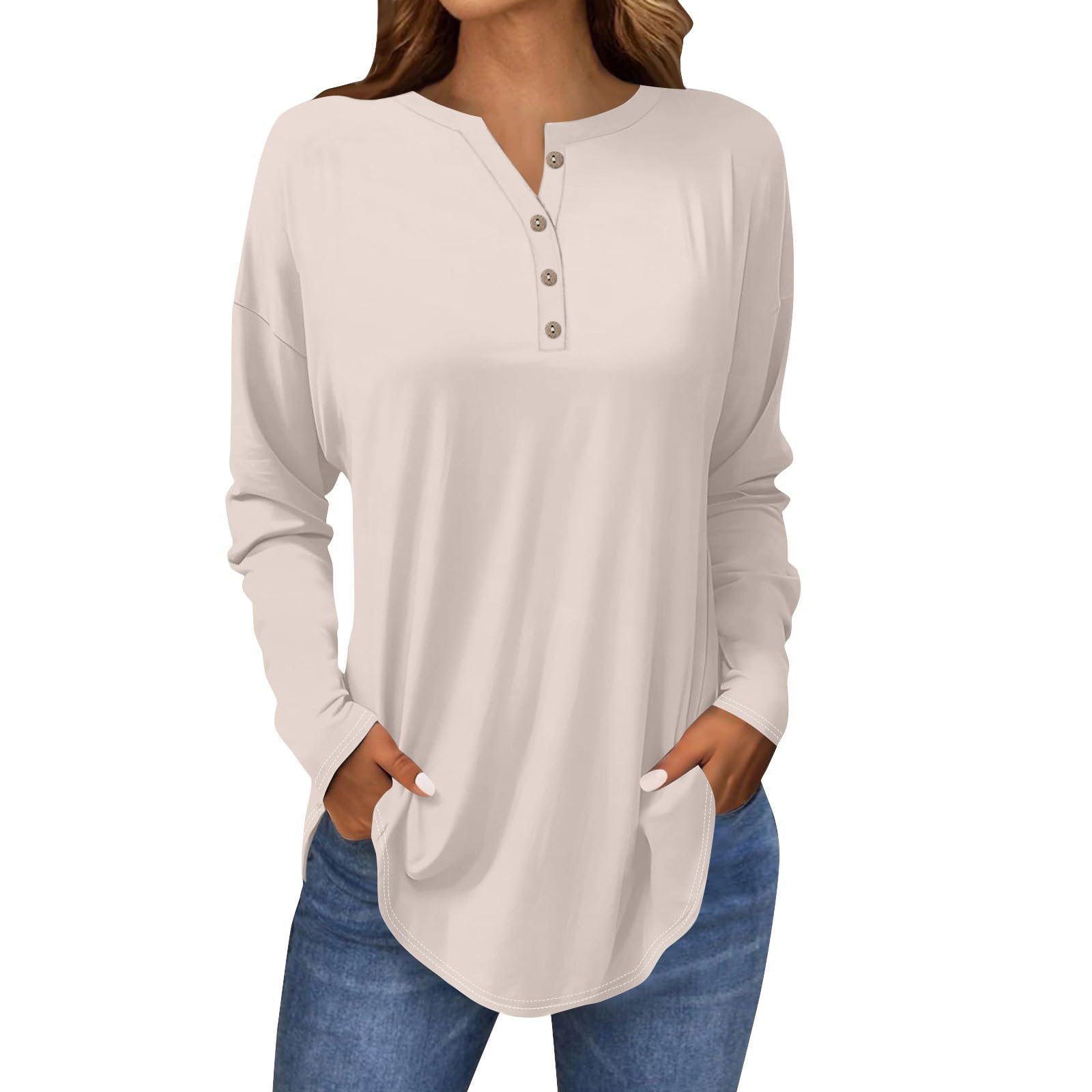 Jumpers for Women UK, Girls Clothing, Classic Long Sleeve Plus Size T Shirt Work Henley Fall Softest Tops