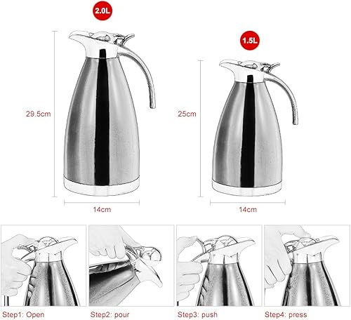 Miniatura 5 de Fdit Botella térmica de agua caliente de 1.5L, acero inoxidable de doble pared aislada al vacío, botella térmica de agua caliente, dispensador de