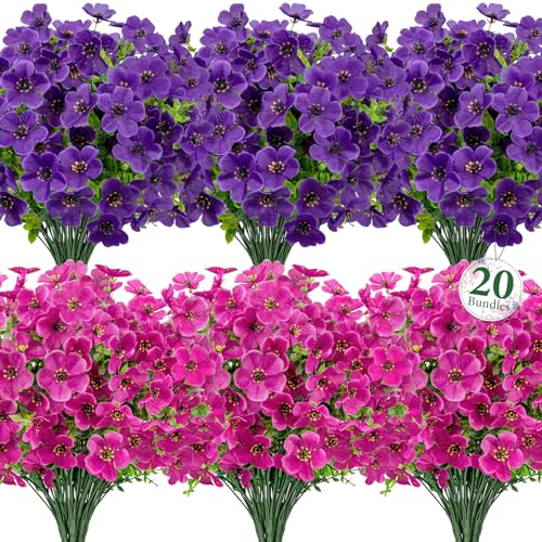 Image of Bassion 20 Bundles Artificial Violet Flowers for Outdoors, Purple Fuchsia