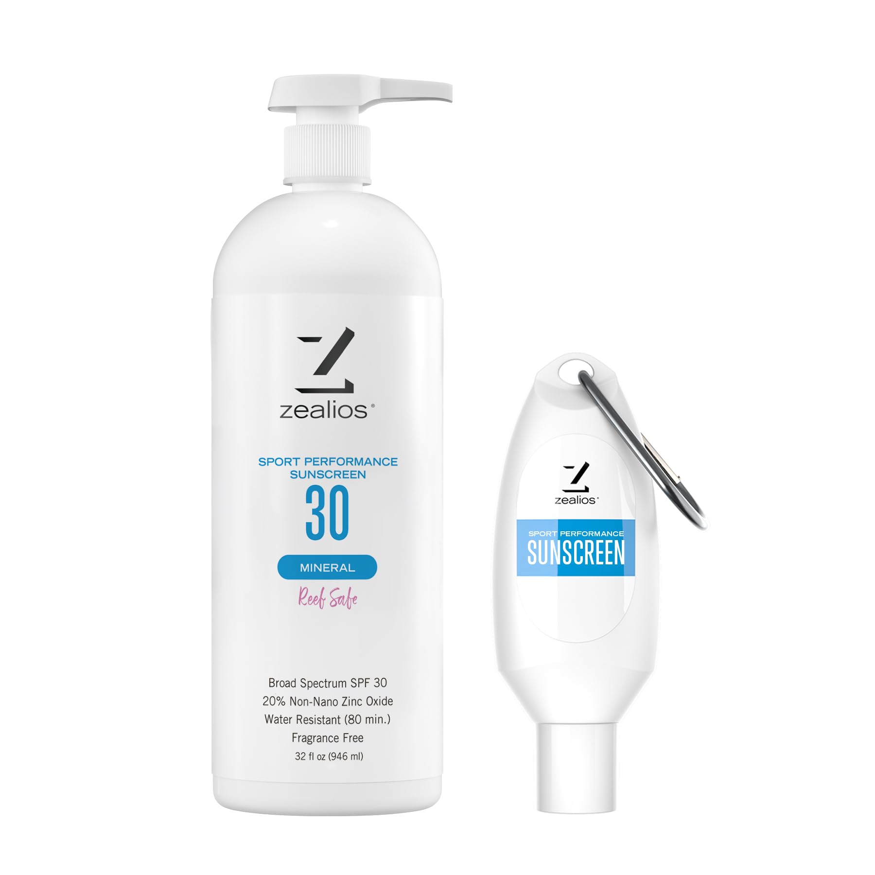 Zealios Sport Performance Mineral Reef Safe SPF 30 Sunscreen 32 oz Bottle Plus Travel Bottle Water Sweat Resistant