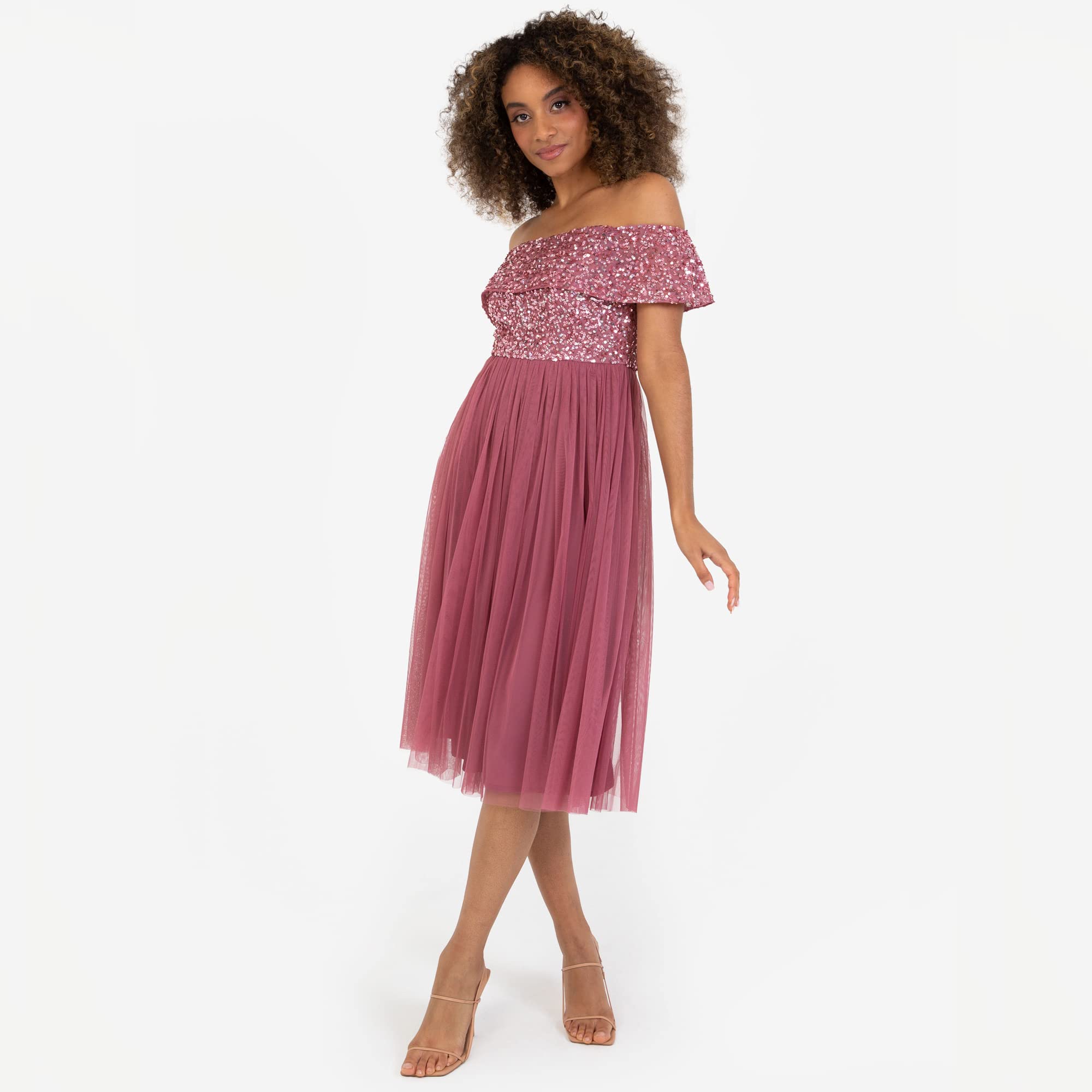 Maya Deluxe Ladies Bardot Dresses Women Midi High Empire Sequins Embellished Formalny wieczór na wesele dla gości sukienka druhny dla kobiet