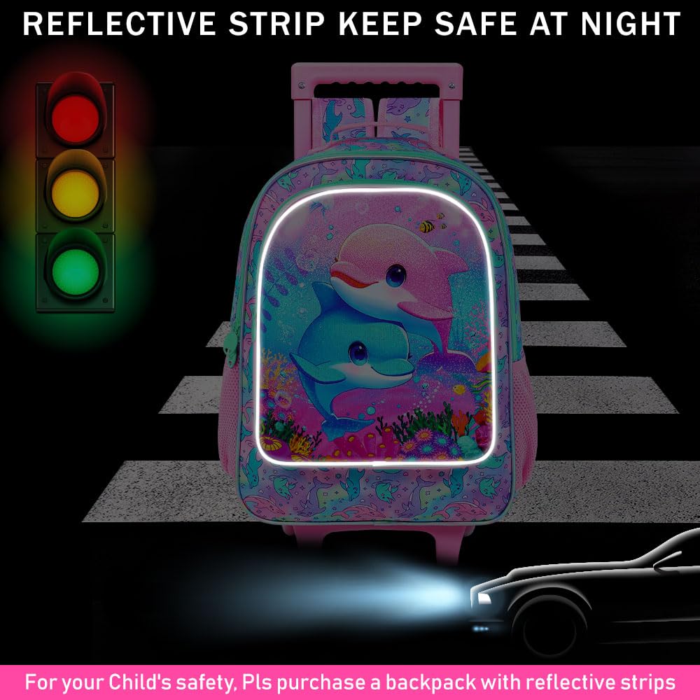 KLFVB Rolling Bookbag for Girls, 3PCS Kids Roller Backpack with Lunch Bag, Wheeled School Bag for Children - Dolphins