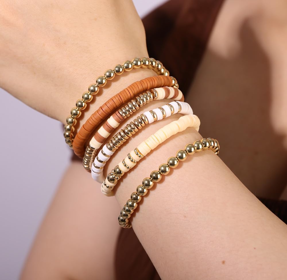 Sither Heishi Clay Bead Bracelets Pack for Women Bohemian Friendship Stretch Bracelets Set Stackable Gold Beaded Bracelets Jewelry for Gift - Image 3