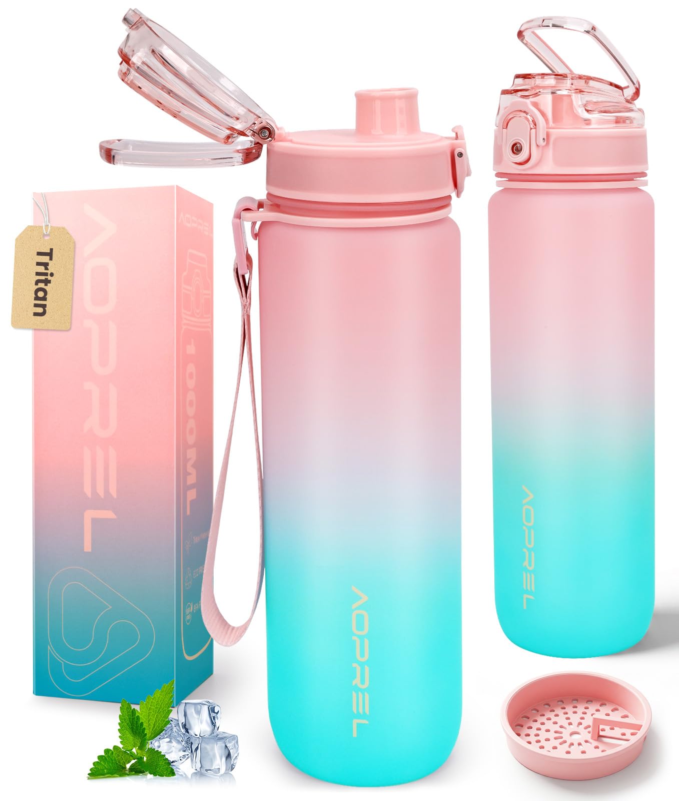 Aoprel Pink-Blue Leakproof Water Bottle 1L/650Ml With Time Marker, Bpa-Free Tritan