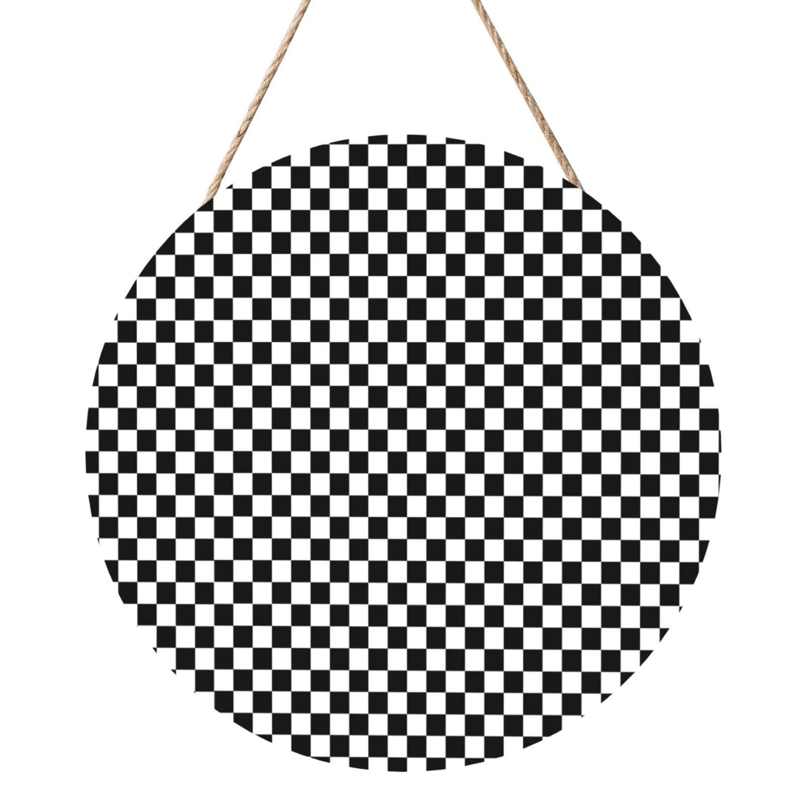 InOmak Classic Black And White Race Check Checkered Geometric Win, Round Wood Panel Painting 12 in, Wall Hanging Painting For Home