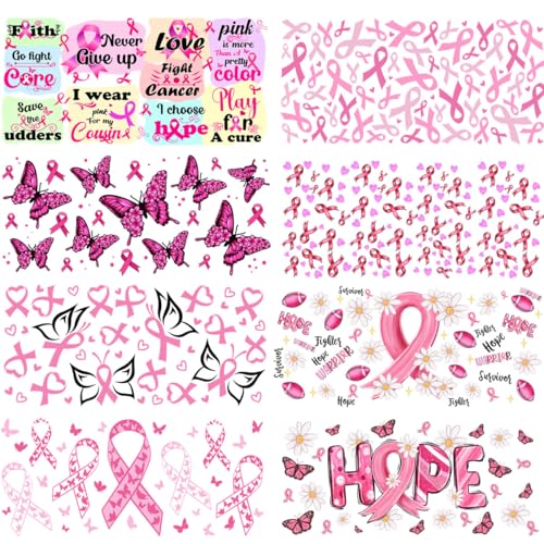 8 Sheets UV DTF Cup Wraps - Breast Cancer Awareness Pink Ribbon Transfer Stickers for 16 oz Glass Cups, Inspirational Hope Survive Butterfly Designs, DIY UVDTF Decals for Tumblers & Crafts