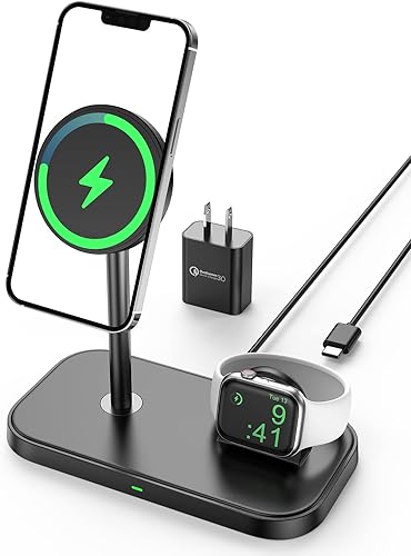 NEWDERY Estación de carga inalámbrica magnética, soporte de cargador rápido Mag-Safe de 15 W con adaptador QC3.0, para iPhone 141312 Pro