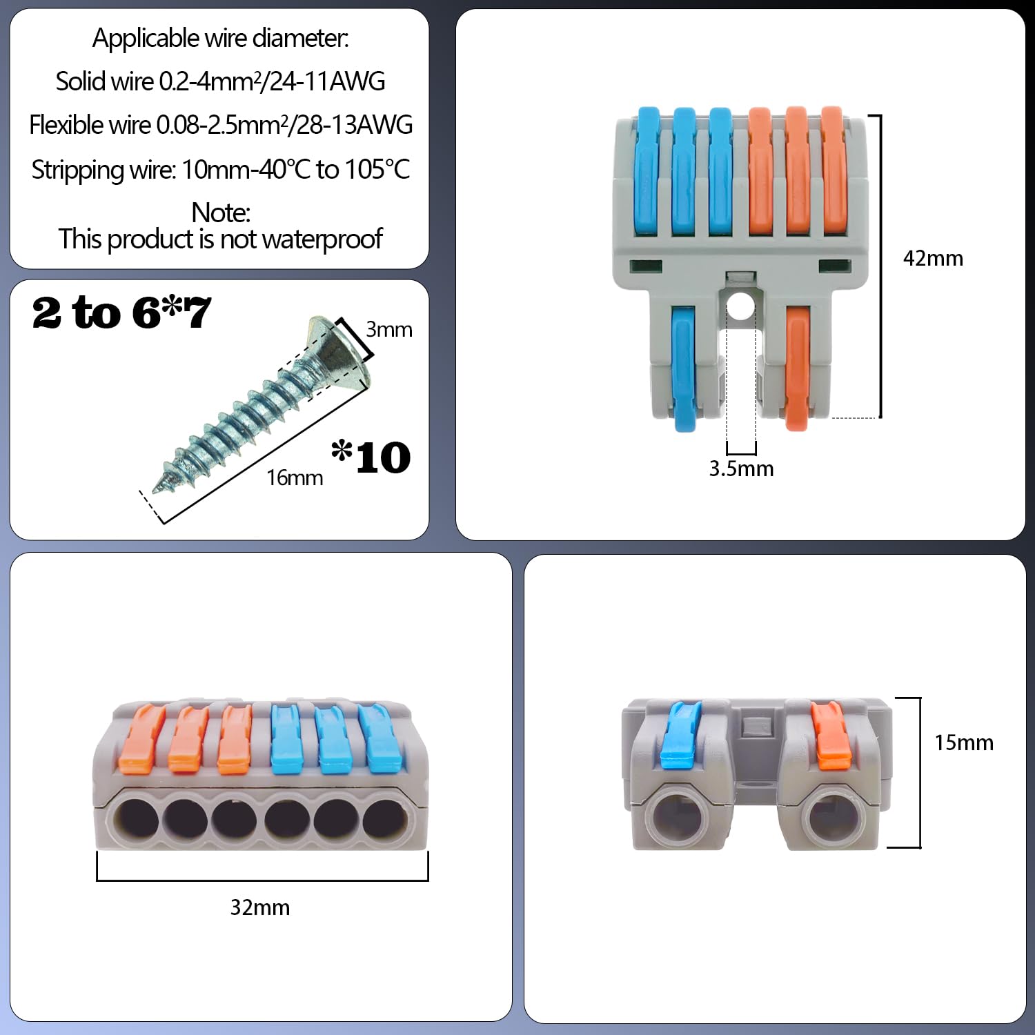 Conectores De Palanca CTRICALVER – 2 Entradas, 6 Salidas, 32 A/450 V, Montaje Con Tornillo, 7 Piezas, Para Cableado Fijo