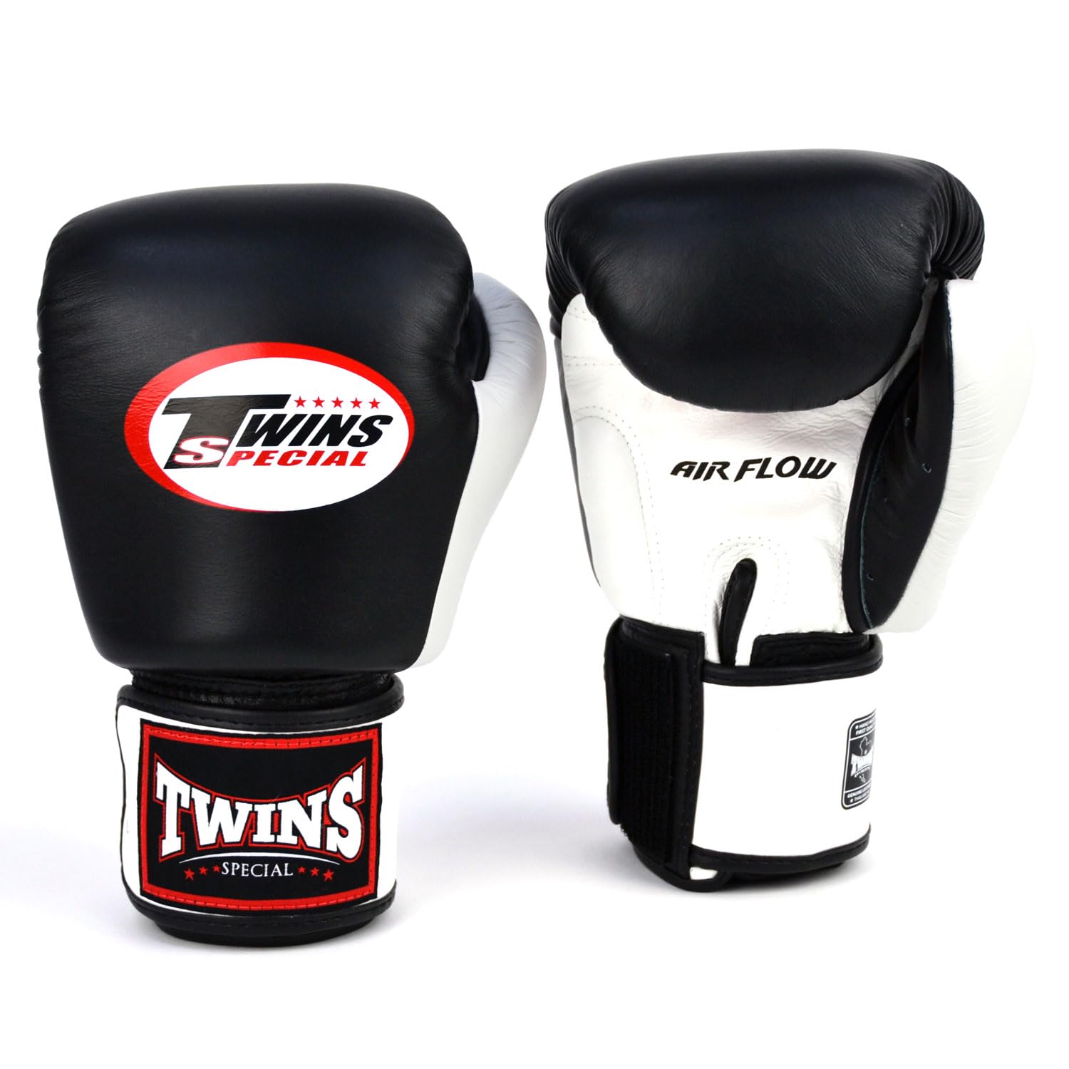 Twins Special BGVLA2 Air Flow Leather Boxing Gloves, Hook & Loop Closure, For Muay Thai, Boxing, Kickboxing & MMA Training & Sparring (Black/White/Red, 14oz)