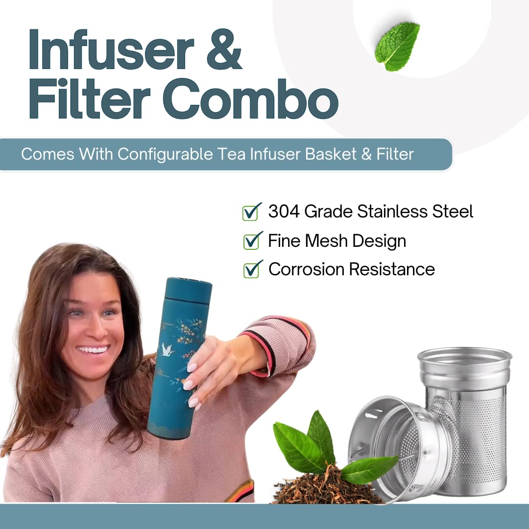 Farasi Tea Infuser for Loose Leaf Tea Smart Water Bottle with Fahrenheit Temperature Display, Stainless Steel, Insulated Coffee and Fruit Tea Infuser Bottle - Floral Tea Mug 15 oz: Black