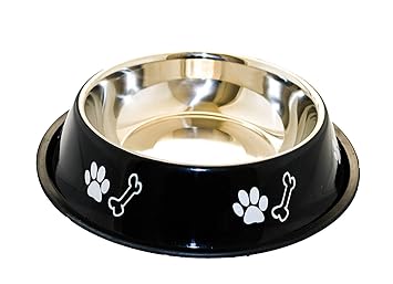 Fondle Dog Bowl Stainless Steel Paw Bone Print Food and Water Feeding Bowl for Dogs & Pets - (Black, Medium, 700ml)