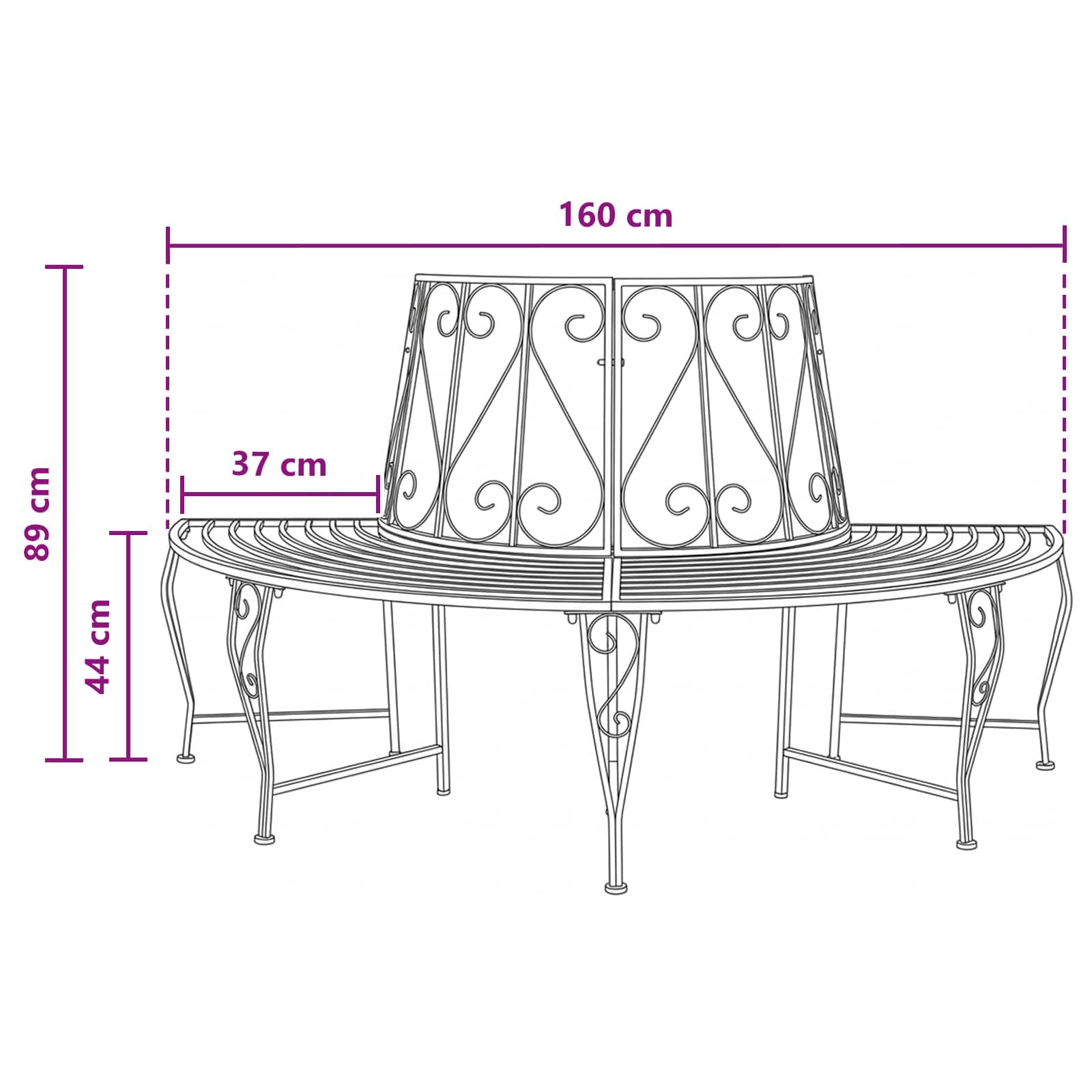 Panchina per Alberi in Acciaio 160 x 80 x 89 cm 4 Posti con Schienale a Ricciolo per Giardino Esterno Cortile Terrazzo Patio Relax Resistente alle Intemperie