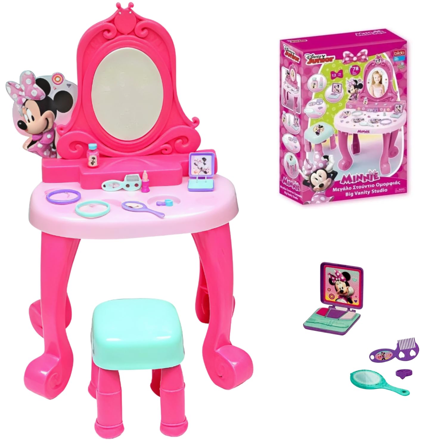 Specchiera Rosa con 10 Accessori, Asciugacapelli,Specchietto,Sgabello,Alta 78 cm., Idea Regalo,Giocattolo per Bambine 3+ (Minnie)