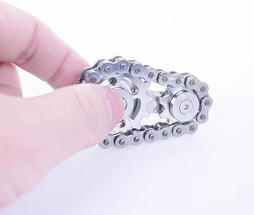 Vista 22 de Fidget Spinner, cadena de bicicleta con eslabones de piñón, diseño de 2 engranajes, juegos de dedos giratorios de figuras de metal, mecánica Lleno