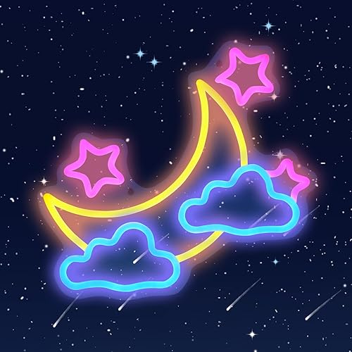 KOBES Letrero de neón Moon Cloud Star – Letreros de neón azul/amarillo/rosa para decoración de pared, alimentado por USB, luna, nube, estrellas, luz