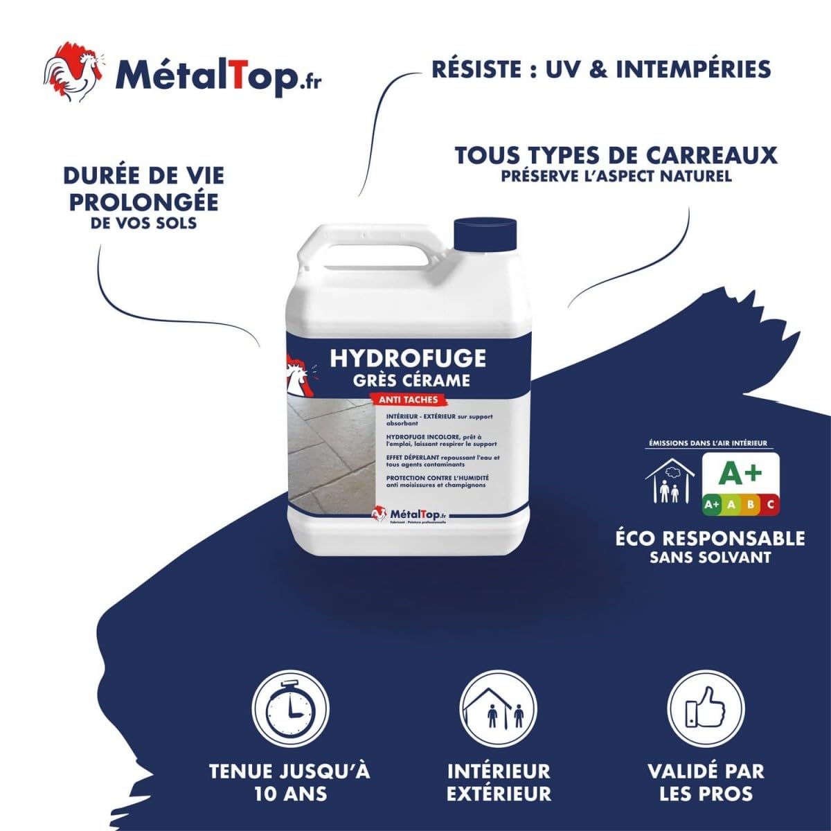 Métaltop - Hydrofuge Gres Cerame - 5 L - Protection invisible anti-eau et anti-taches pour surfaces poreuses.