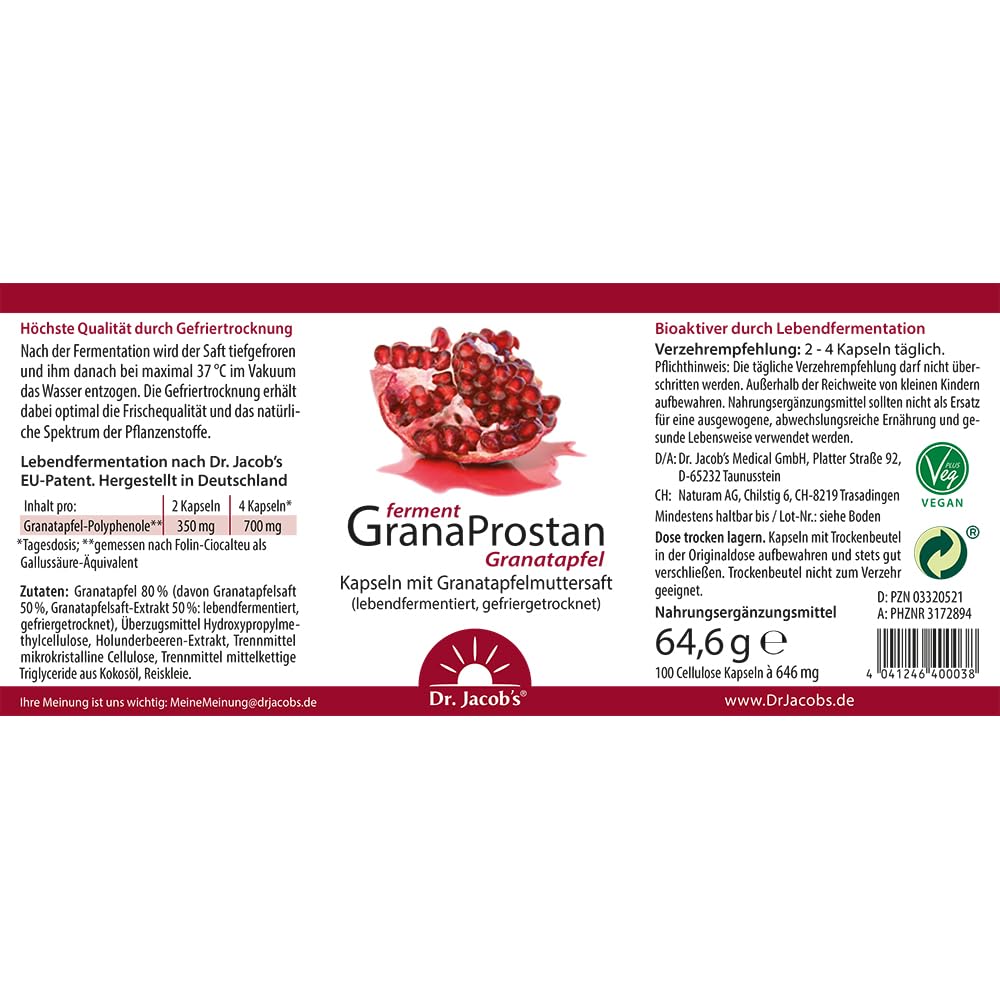 Dr. Jacob's Granaprostan ferment I Granatapfel-Kapseln I bioverfügbar | Mit Granatapfelmuttersaft-Extrakt I hoher Gehalt an Polyphenolen I lebend fermentiert, gefriergetrocknet I 100 Kapseln