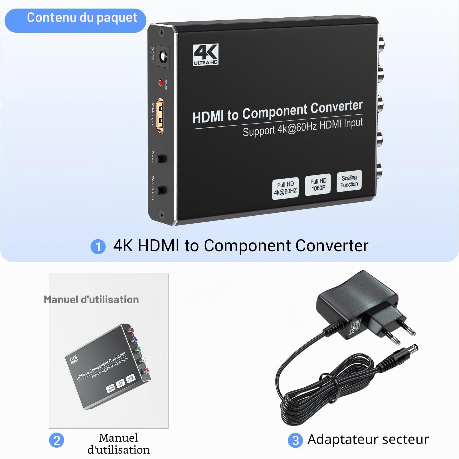 Convertisseur HDMI vers composants 4K/60Hz avec fonction d'évolution, compatible HDMI 2.0, sortie composants 480i/576i