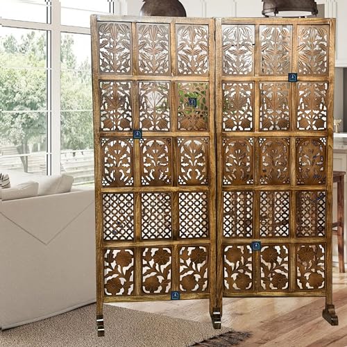 Image of Wooden Room Partition /Screen /Room Divider /Room Separator Burnt Wood Finish (Hand Buffing) Frame Traditional Handicrafts 6Ft Height (30 Inches Width 2 Panel)