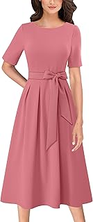 Womens Elegant Patchwork Pockets Pleated Work Office Business Casual Party Belted A-Line Midi Dress