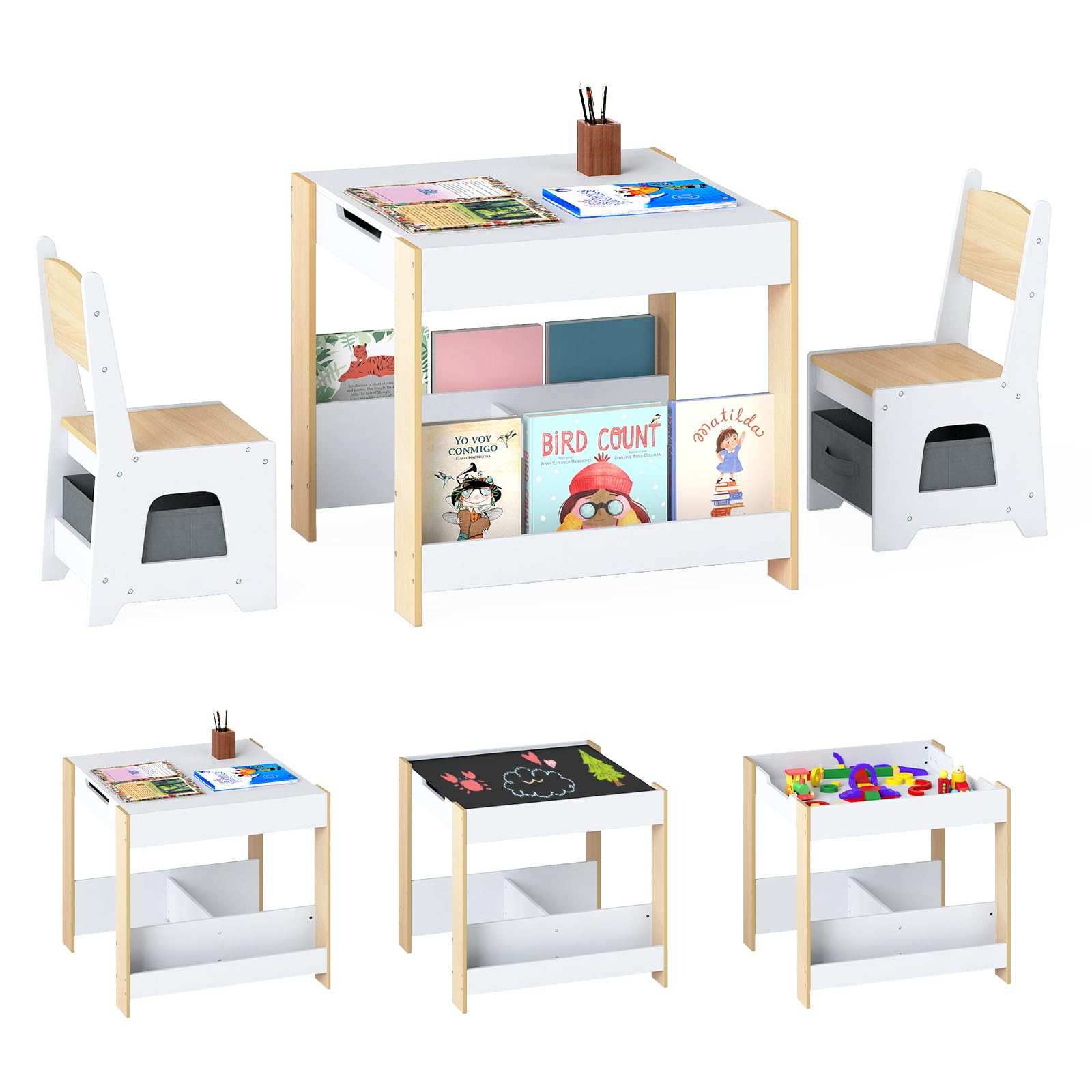COSTWAY Kids Table and Chairs Set, Wooden Toddler Activity Tables with Reversible Tabletop, Bookshelves, Storage Bins, 3-Piece Children Furniture for Boys Girls (White+Natural, 61x61x56cm) — image 1