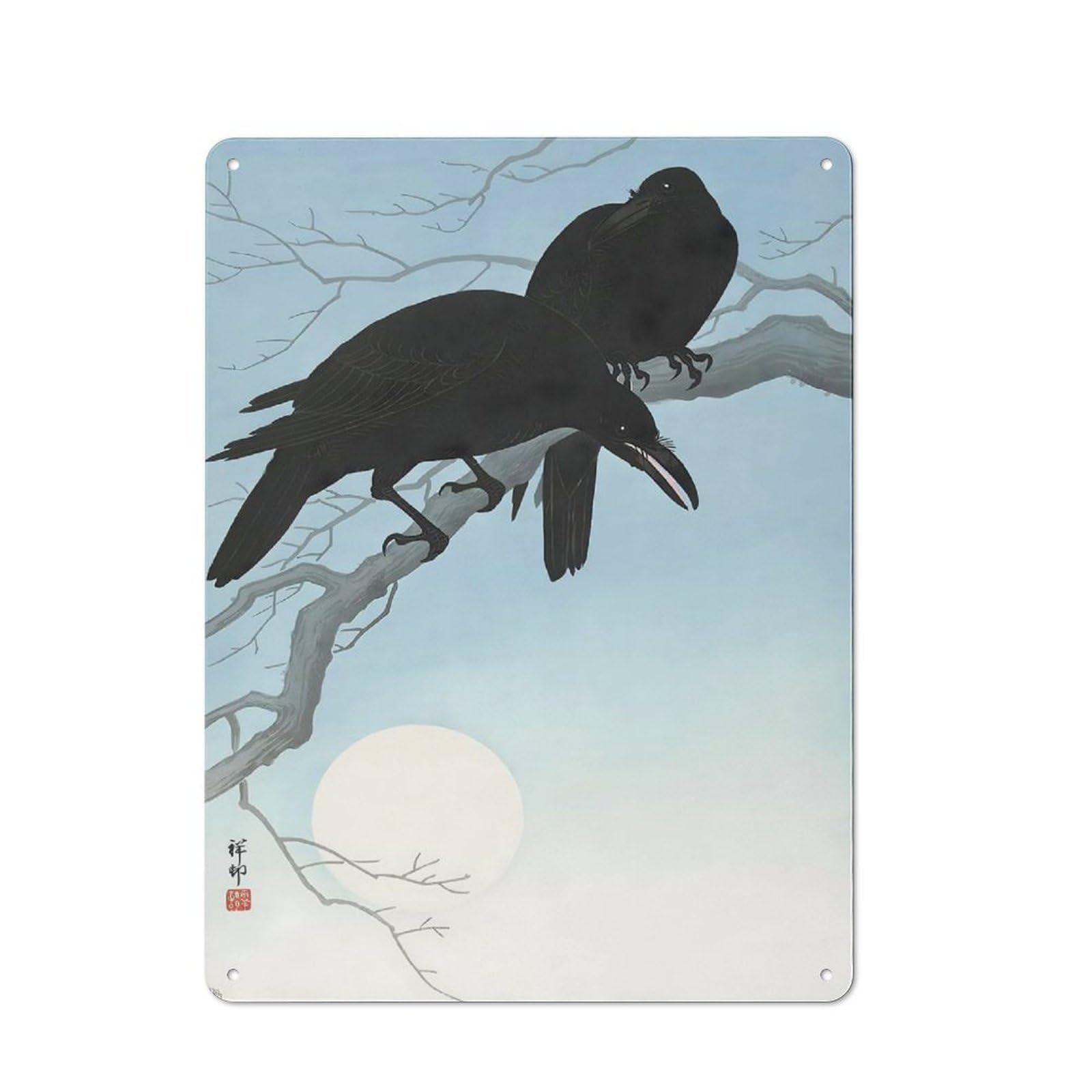 Junmoney Style-21 Ukiyo E Two Crows Decorative Tin Sign 40X30cm, Country Country Wall Plaque For Dining Room, Cafe, Entryway Or Family Room