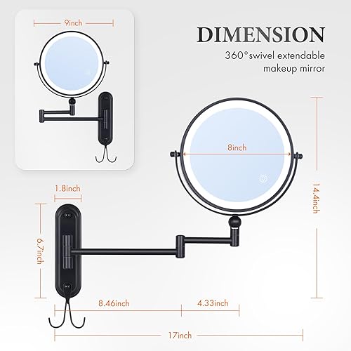 Miniatura 6 de VORREMIRR Espejo de maquillaje recargable de 8 pulgadas para montaje en pared, altura ajustable, doble cara de doble toque 1X10X, espejo de aumento