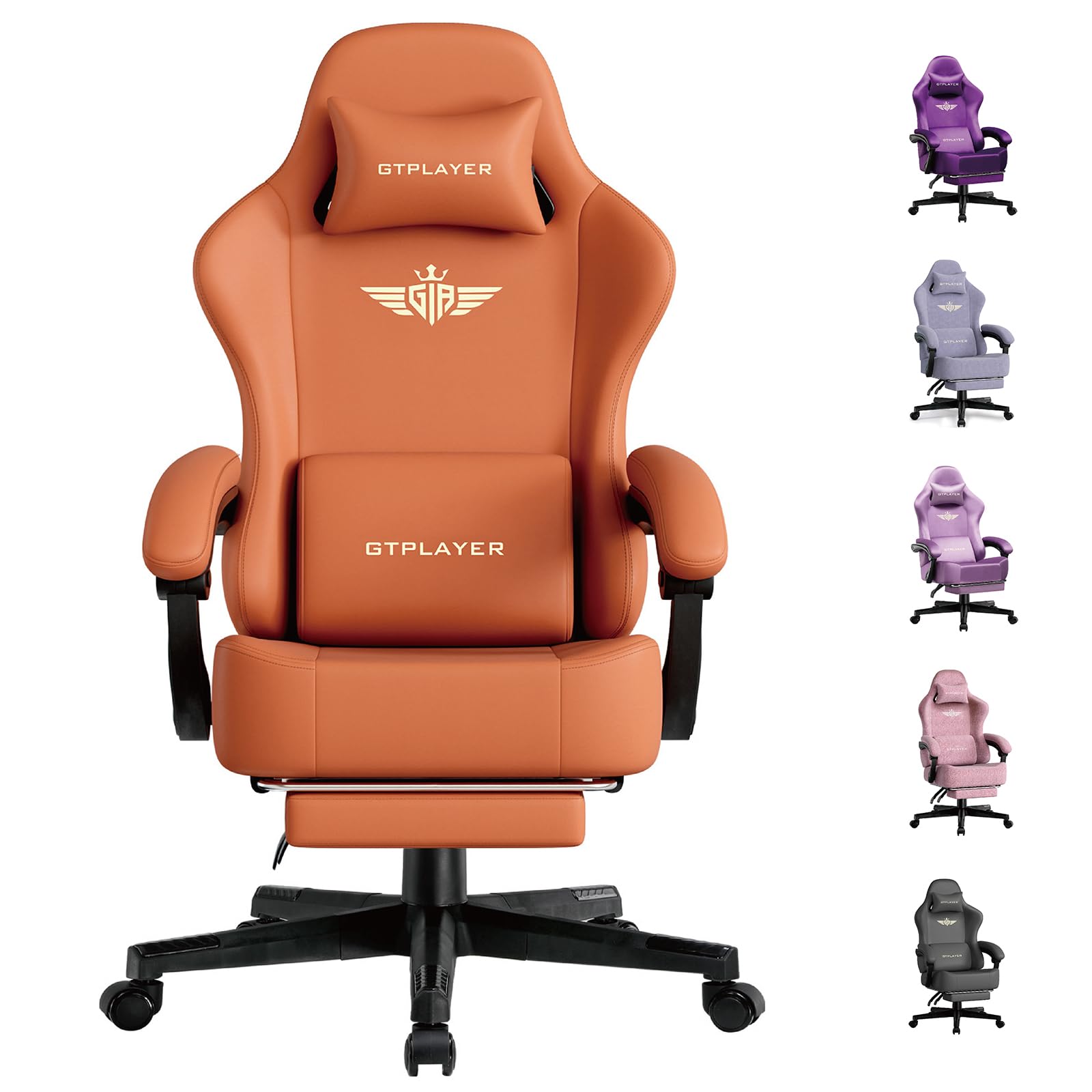 GTPLAYER Gaming Chair, Ergonomic Computer Chair with Footrest and Lumbar Support Height Adjustable Home Office with 360°-Swivel Seat and Headrest Orange