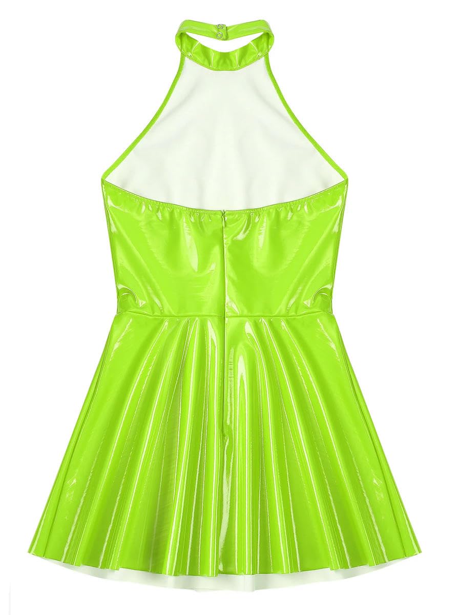 Robe patineuse dos nu en cuir verni pour femme, mini robe trapèze en latex et vinyle