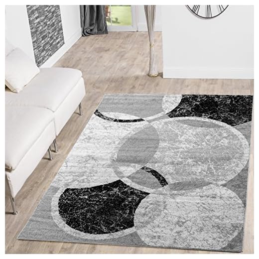 Alfombra económica con diseño de círculos, alfombra para salón, gris, crema y negro jaspeado, polipropileno, 190 x 280 cm