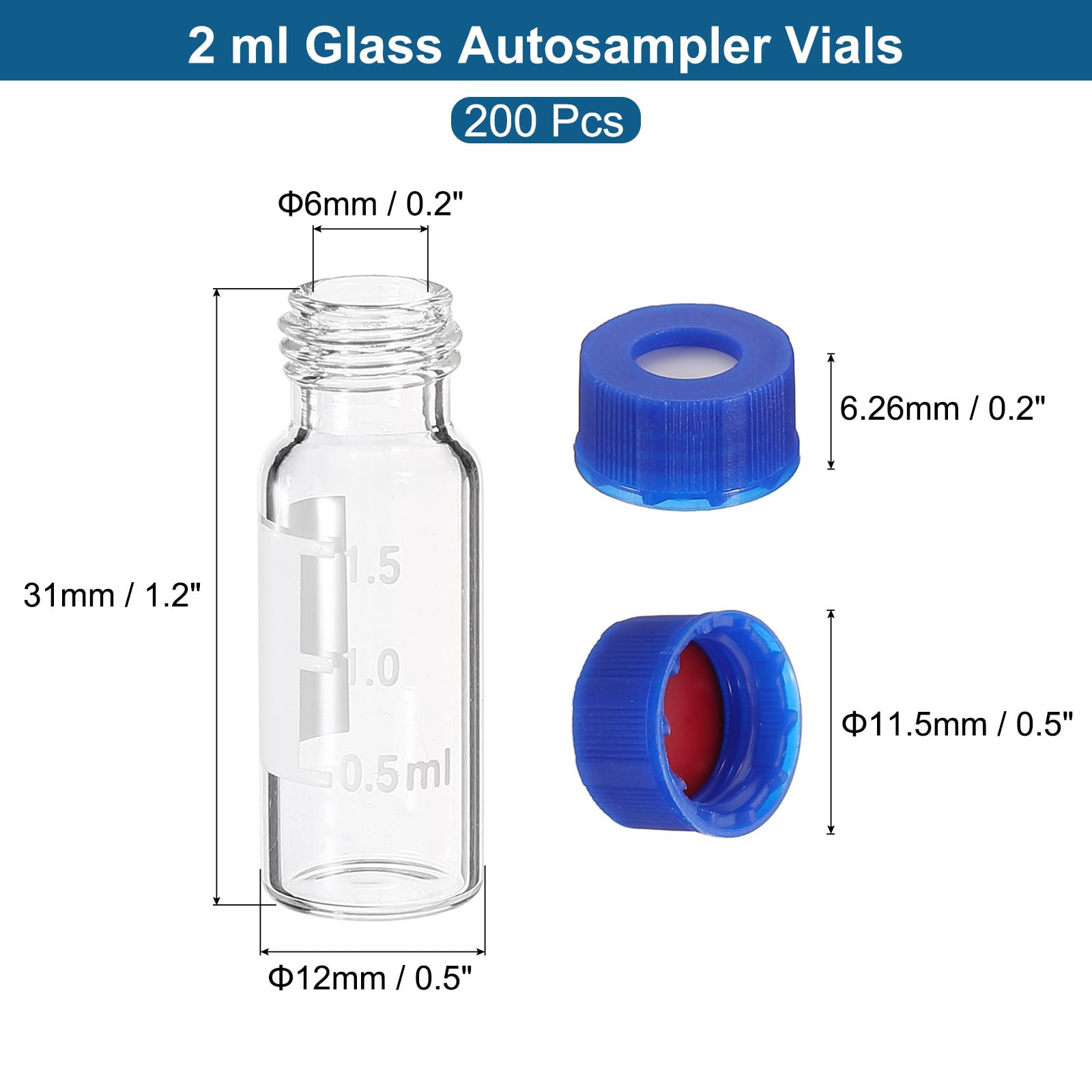 PATIKIL 2ml Autosampler Vial 200 Pack Vorgeschnittene Septen HPLC/GC Fläschchen 9-425 Labor Klare Probenfläschchen Mit blau Schraubkappe Beschreibbare Stelle PTFE Silikon Für LC Stamper