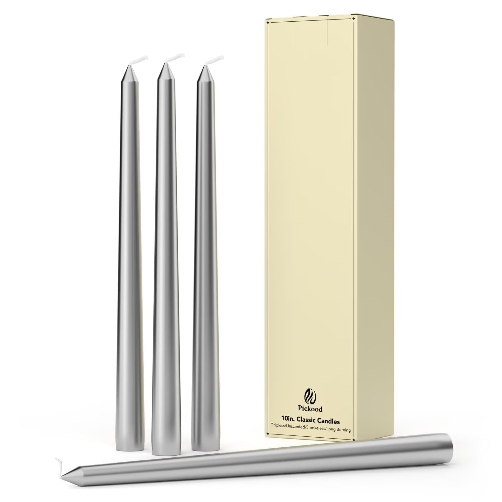 10-Inch Tall Dripless Taper Candles Set of 4 - Silver Tapered Candles, Perfect for Wedding,Christmas - Smokeless, Unscented, Long Burning - Hand Poured, Colored Tall Candlesticks - Plata