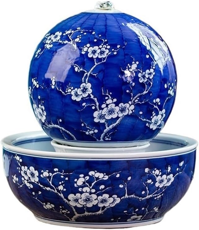 Tabletop Fountains Chinese Blue and White Porcelain Desktop Fountain Water Fountain Humidifier Ornaments Water Cycle Home Store Decoration Relaxation Fountains(Dark Blue)