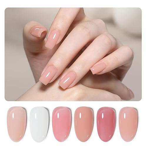 GAOY Juego de gel base de goma de 6 colores, gel de uñas base Jelly Builder Nude Sheer White Pink, fortalecedor de uñas 2 en 1, gel rubor