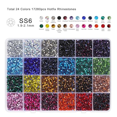 Image of BEADSLAND Hotfix Rhinestones Mixed 24 Colors,SS6 /17280pcs | Mat: glass,2mm,DIY,for crafts clothes,with tweezers,wax pencil and spoon