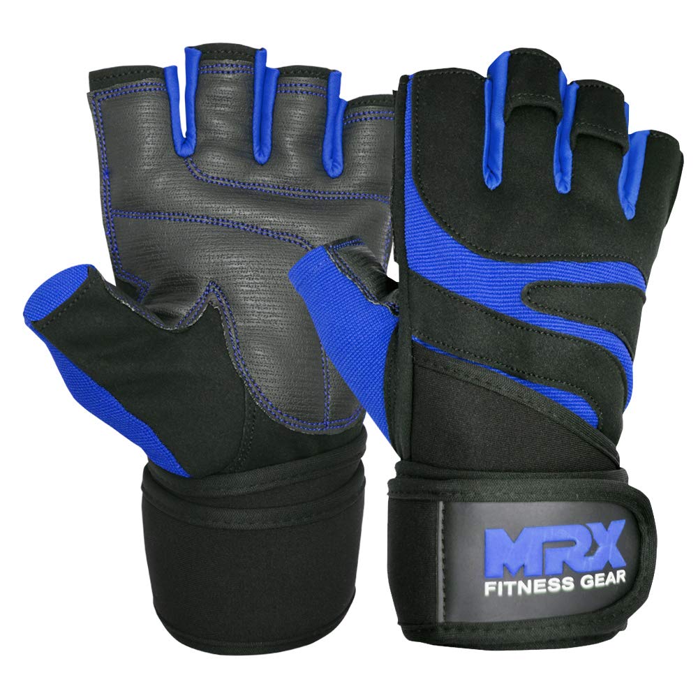 MRX BOXING & FITNESS Rękawice do podnoszenia ciężarów ze zintegrowanym podparciem opaski na nadgarstek pół palca kulturystyka rękawica gimnastyczna niebieska średnia