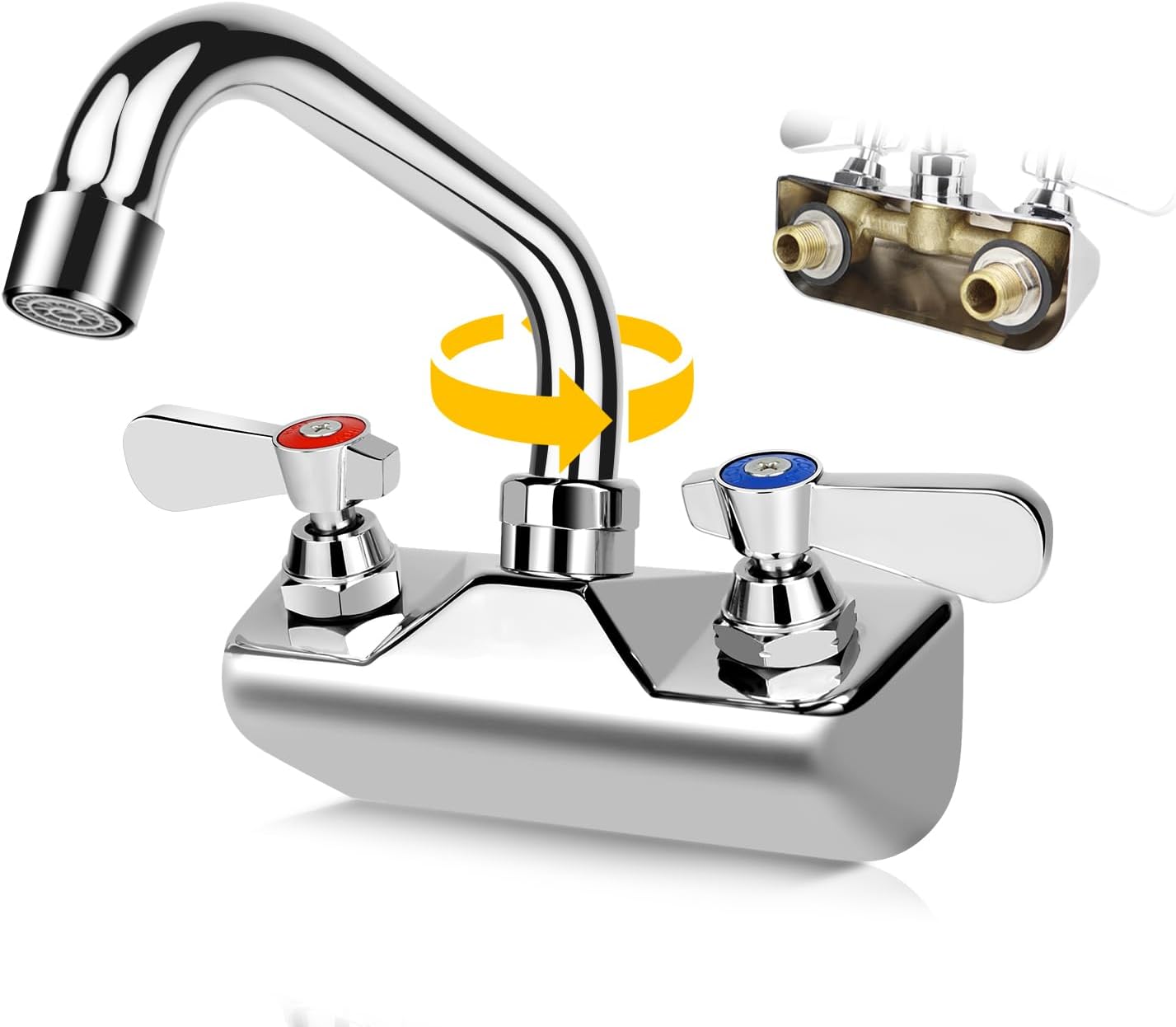 Leak-Free Commercial Sink Faucet 6" Swivel Spout, Wall Mount Kitchen Hand Sink Faucet with 4 Inch Center, 1/2" NPT Male Inlet, Brass Constructed & Chrome Polished, Dual Lever Handles